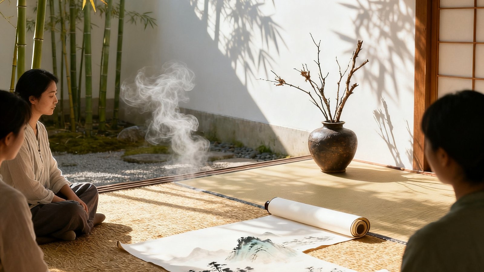 艺术美学沙龙在洒满阳光的日式禅意庭院中举办，参与者盘坐于榻榻米上，面前陈列着水墨卷轴与古朴花器，远处竹影摇曳，茶香氤氲