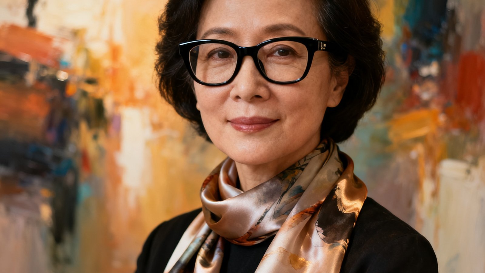 当代艺术专家林雅文女士，四十岁左右，佩戴时尚黑框眼镜，系着丝质艺术印花围巾，背景为抽象表现主义画作